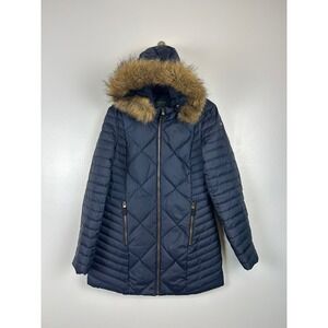 Marc New York Andrew Marc Navy Quilted Down Parka Coat Faux Fur Hood XS Puffer